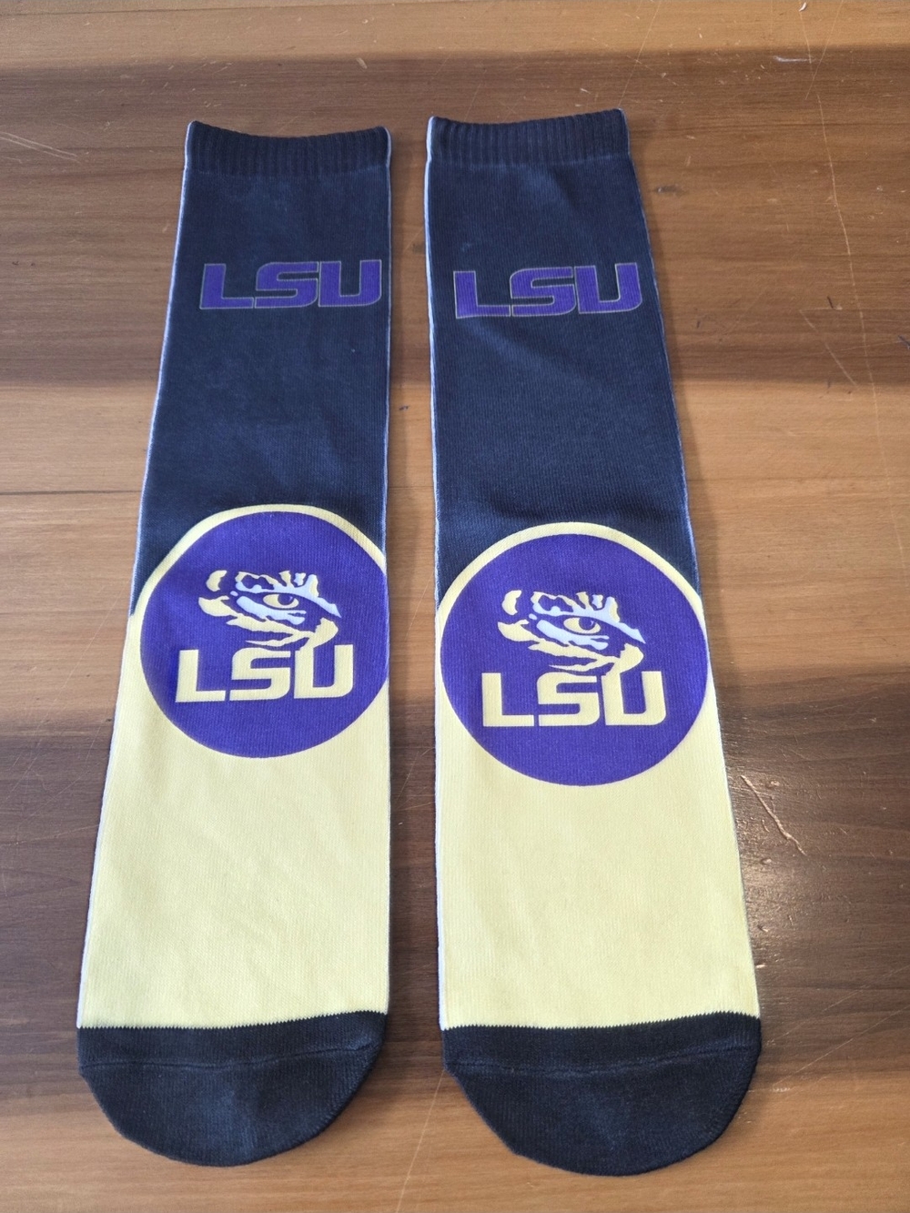 L S U TigersMen's Crew Socks in Purple and Gold - Collegiate Athletic Sock
